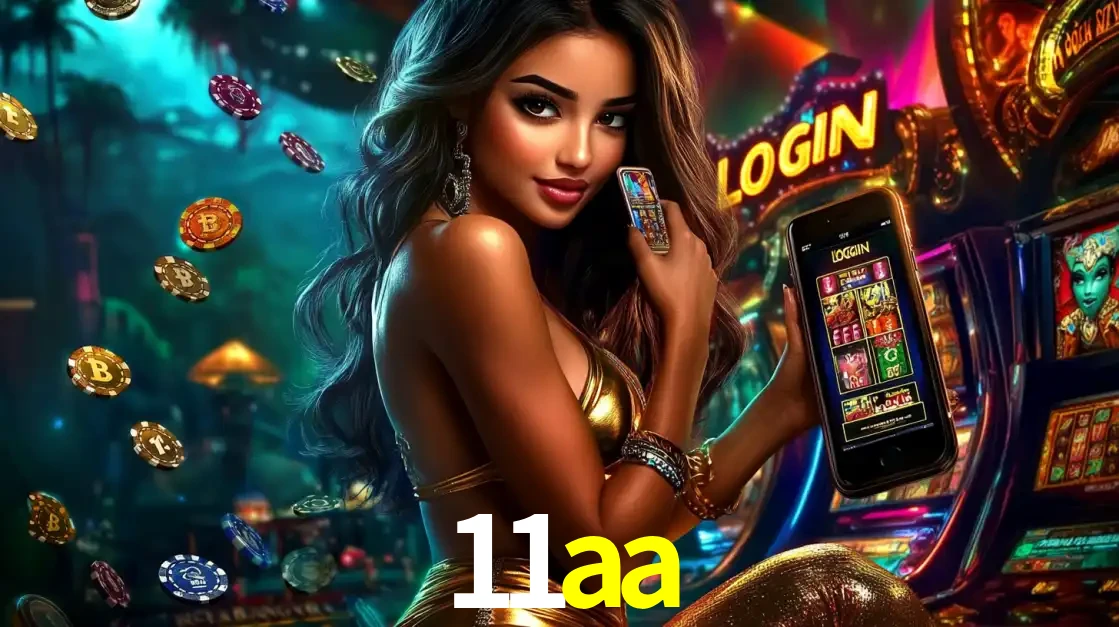 Mulher em um cenário de cassino temático de aventura, mostrando o app de caça-níqueis da 11aa no celular. Fichas de apostas flutuam ao redor.