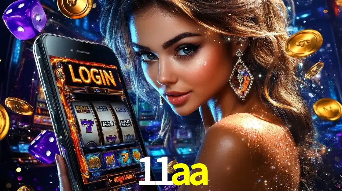 Mulher glamorosa segurando um smartphone com a tela de login para os jogos de caça-níqueis do cassino online 11aa, com moedas de ouro e dados ao redor.