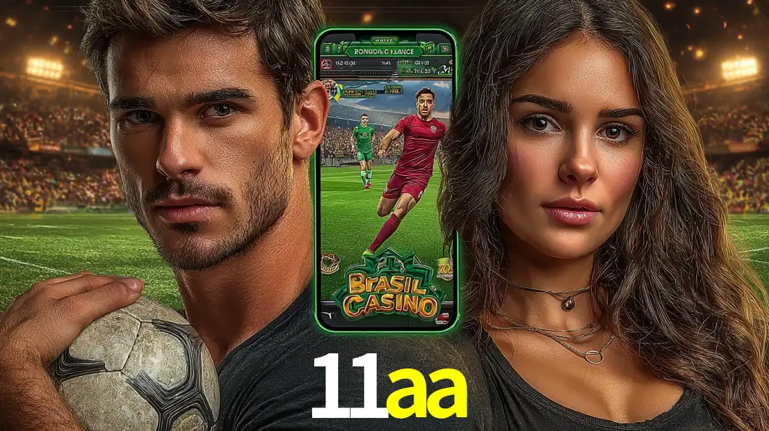Homem segurando uma bola de futebol e uma mulher ao lado de um smartphone exibindo o jogo de apostas esportivas da 11aa. Faça seu palpite no cassino online.